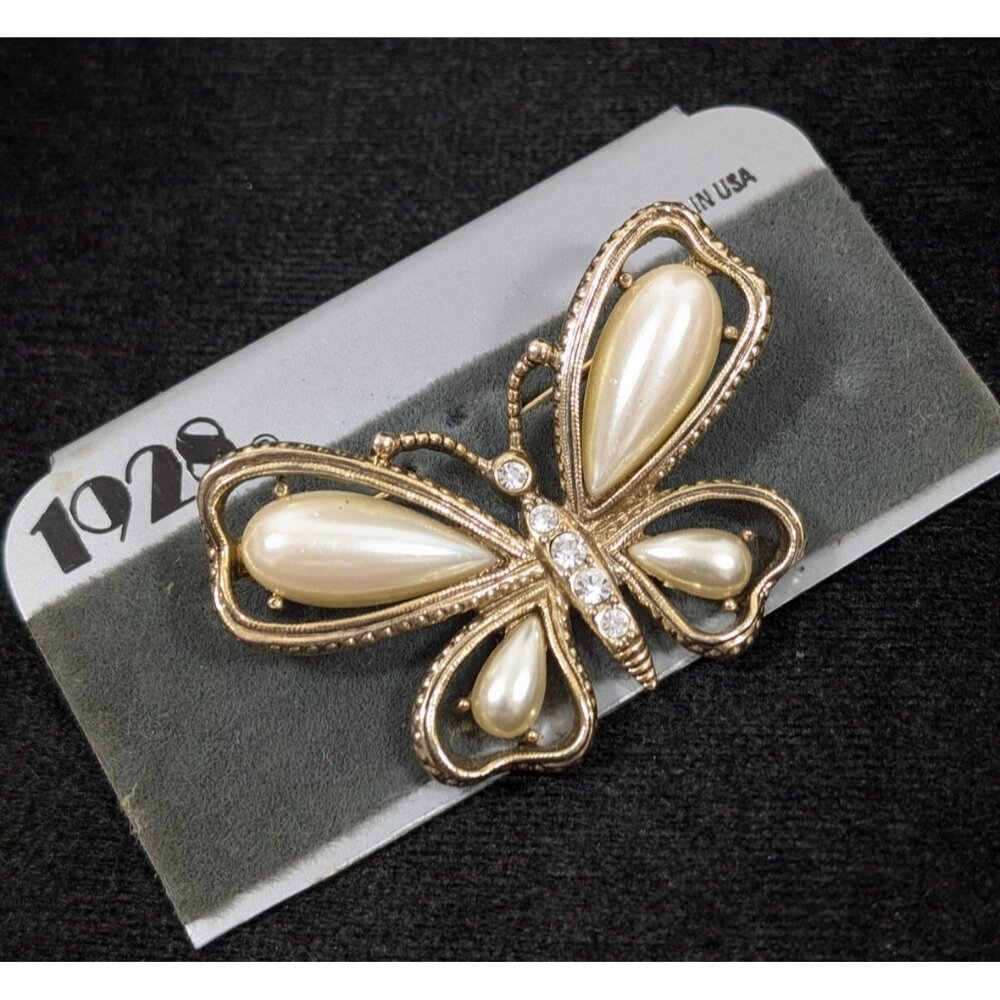 1928 Crystal and Faux Pearl Butterfly Brooch Pin Gold tone